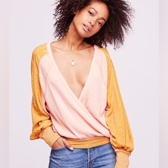 Tops - ✨ Free People Auxton Waffle Knit Balloon Sleeve Floral Print Faux Wrap Top  ✨